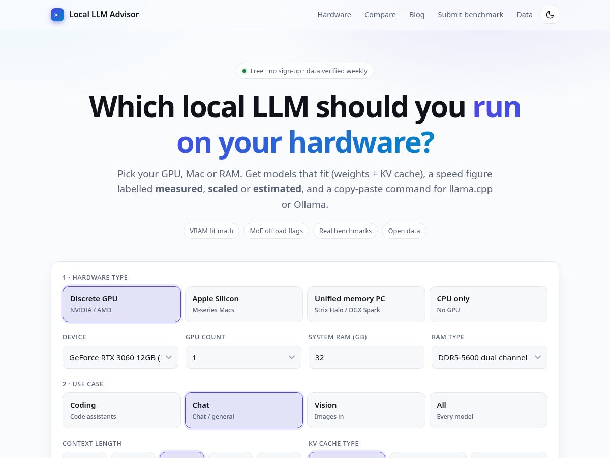 Landing-page snapshot of localllmadvisor.com