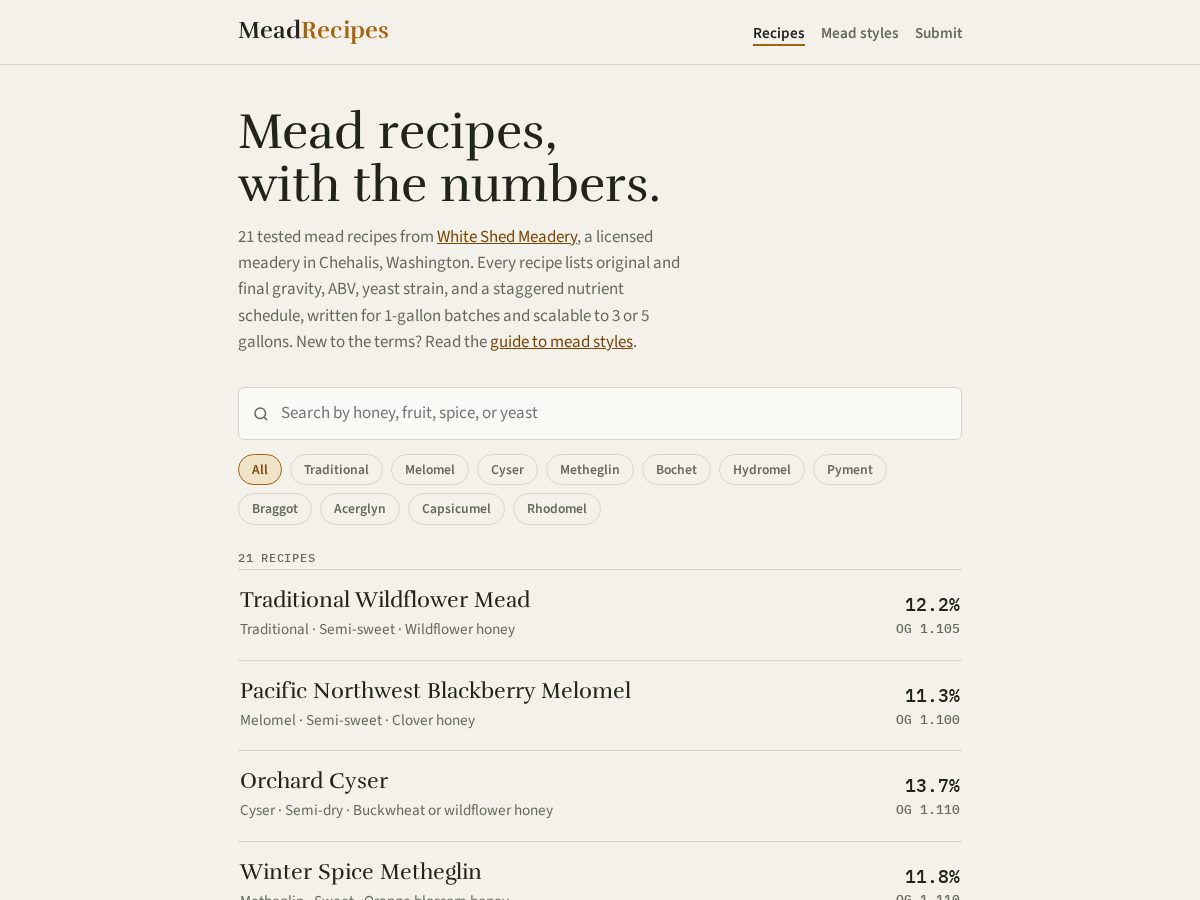 Landing-page snapshot of meadrecipes.com