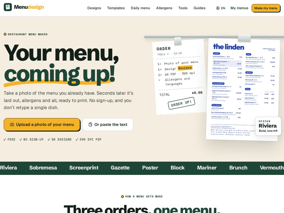 Landing-page snapshot of menudesign.net