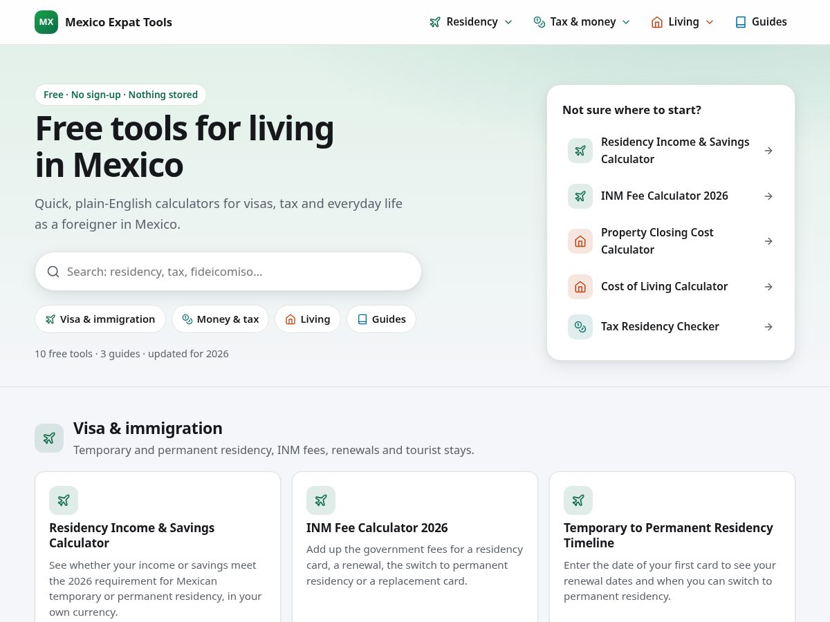 Landing-page snapshot of mexicoexpattools.com