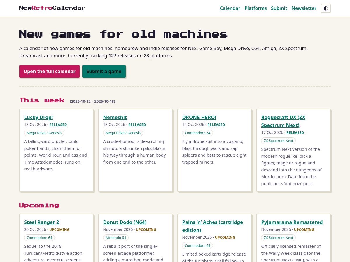 Landing-page snapshot of newretrocalendar.com