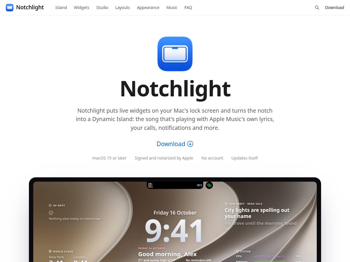Landing-page snapshot of notchlight.com