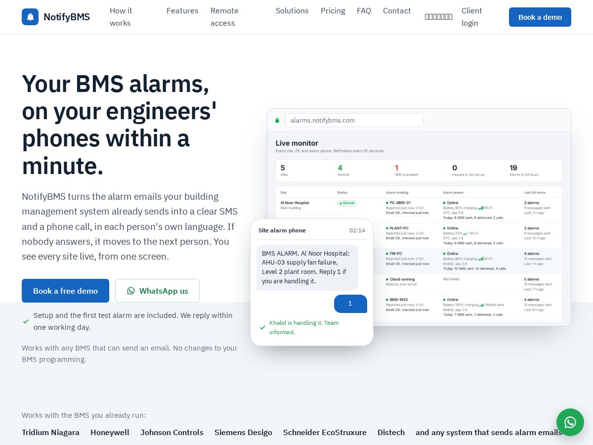 Landing-page snapshot of notifybms.com