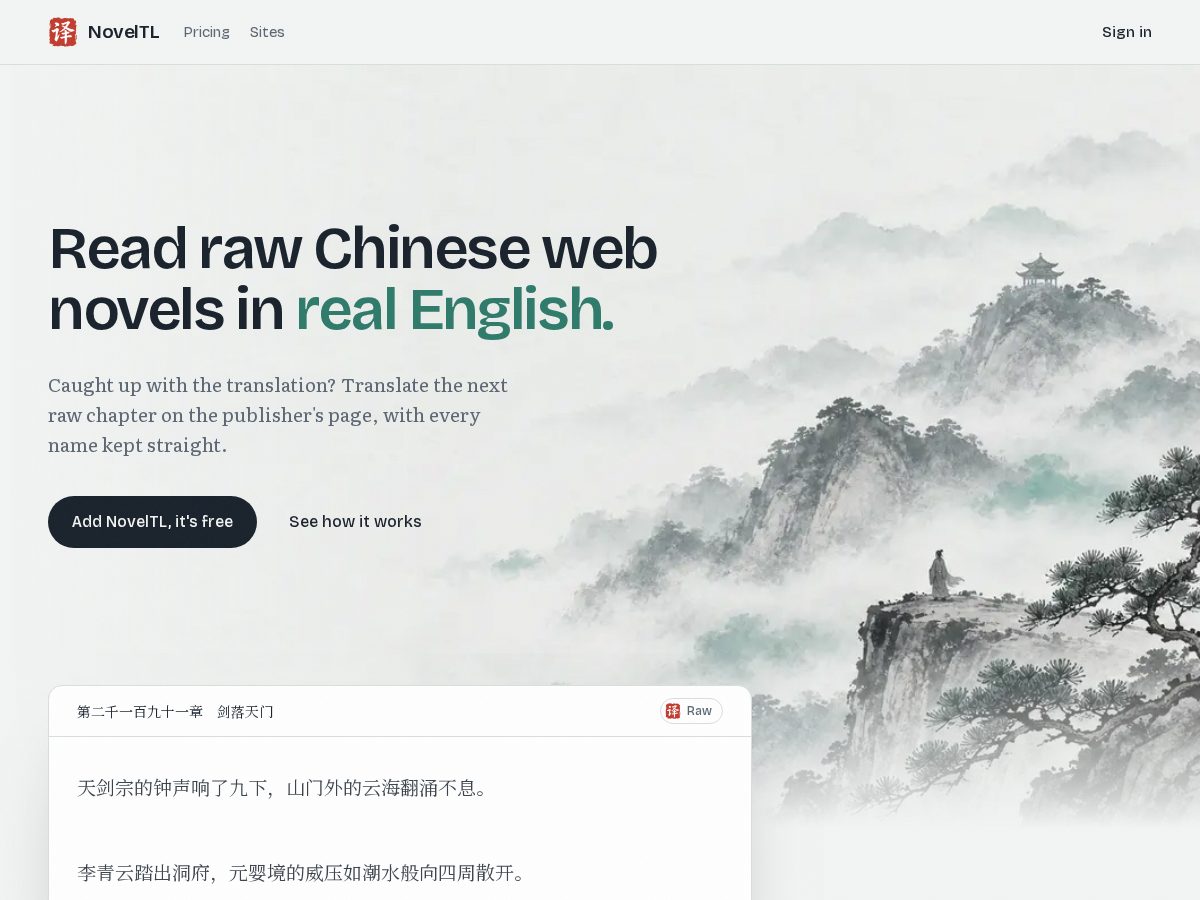 Landing-page snapshot of noveltl.app