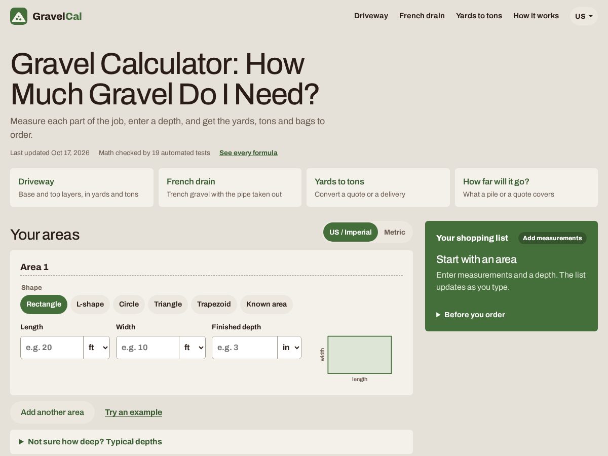 Landing-page snapshot of onlinegravelcalculator.com