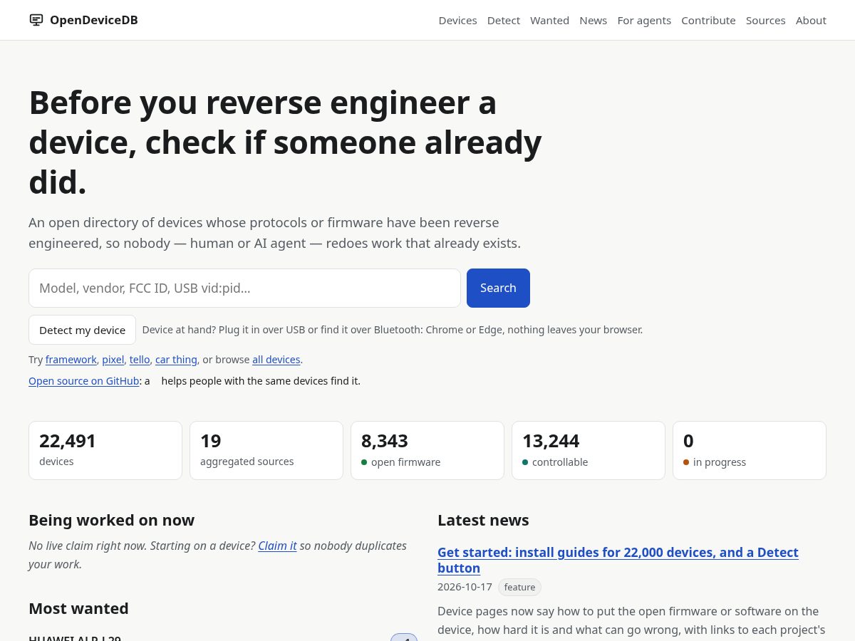 Landing-page snapshot of opendevicedb.org