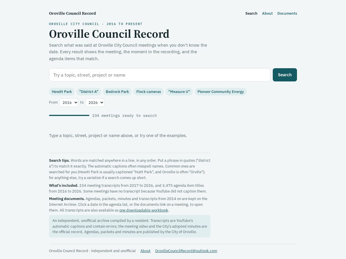 Landing-page snapshot of orovillecouncilrecord.org