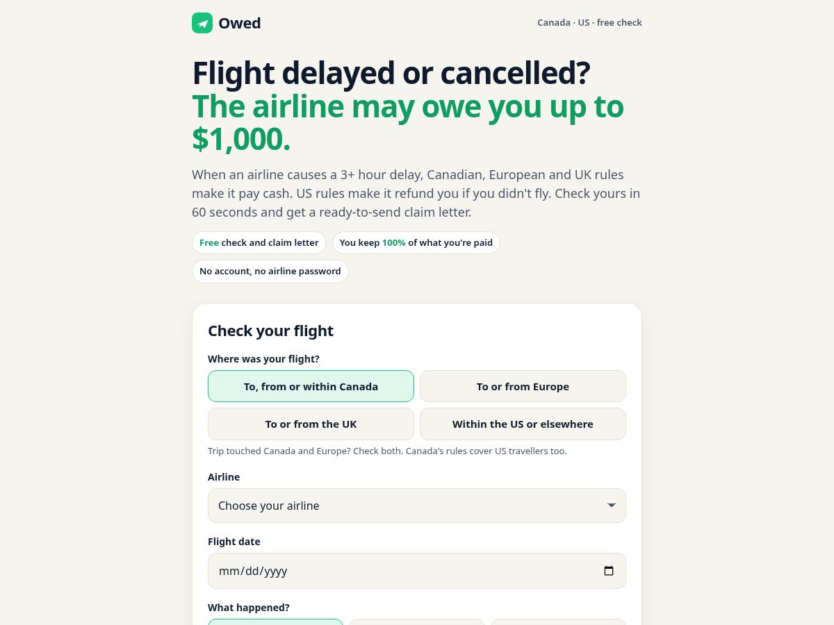 Landing-page snapshot of owedflights.com