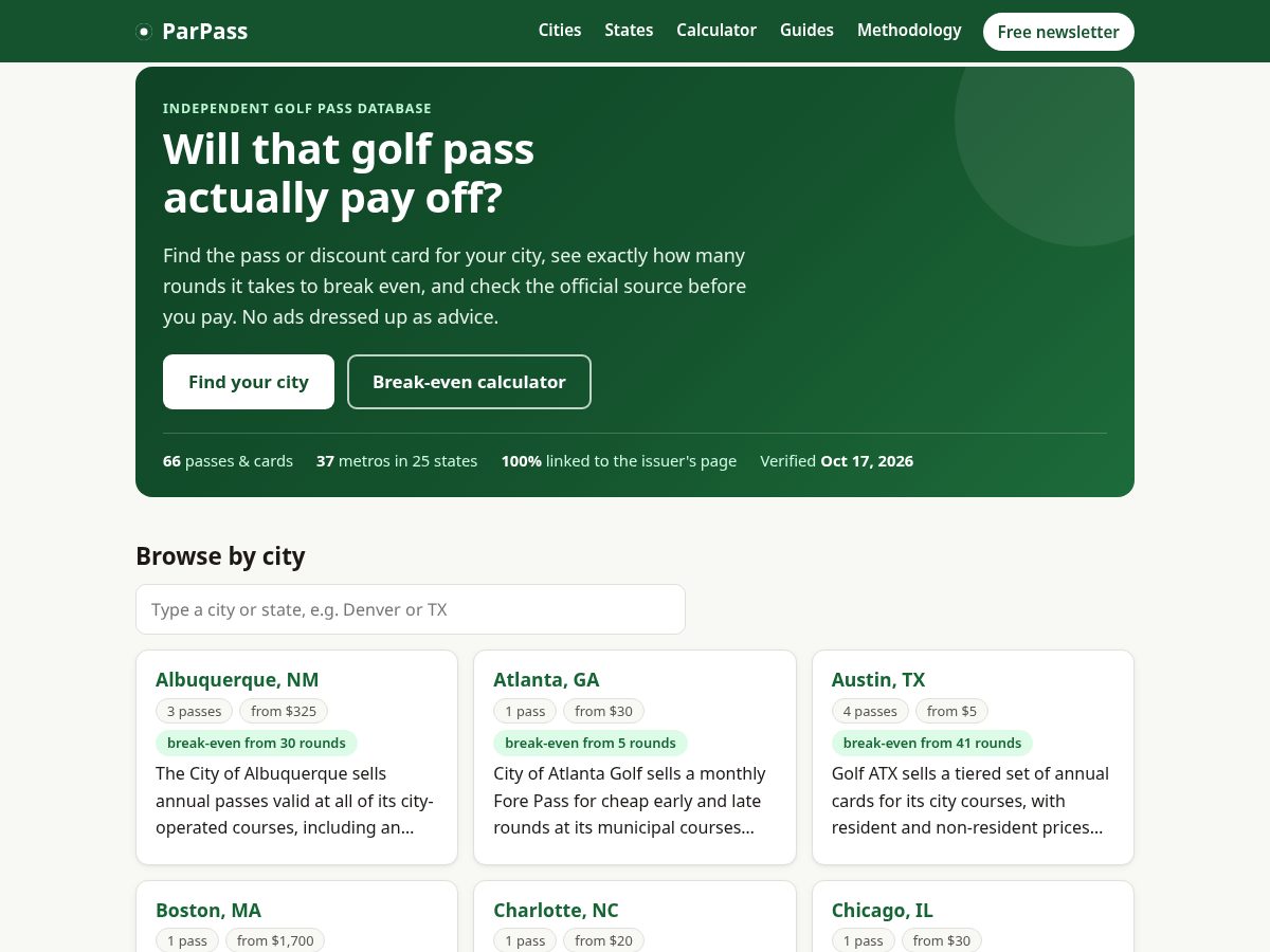 Landing-page snapshot of parpassgolf.com