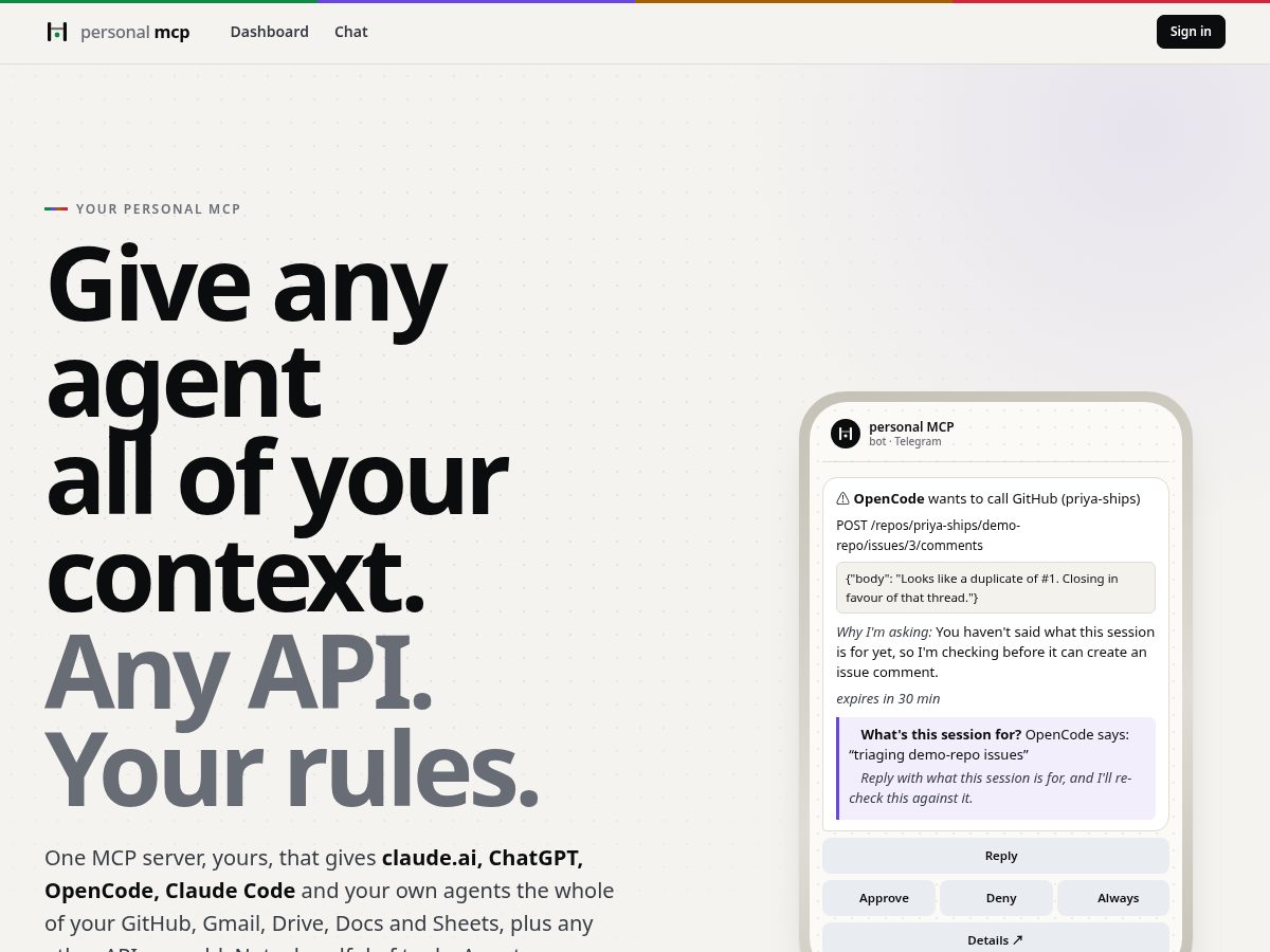 Landing-page snapshot of personalmcp.dev
