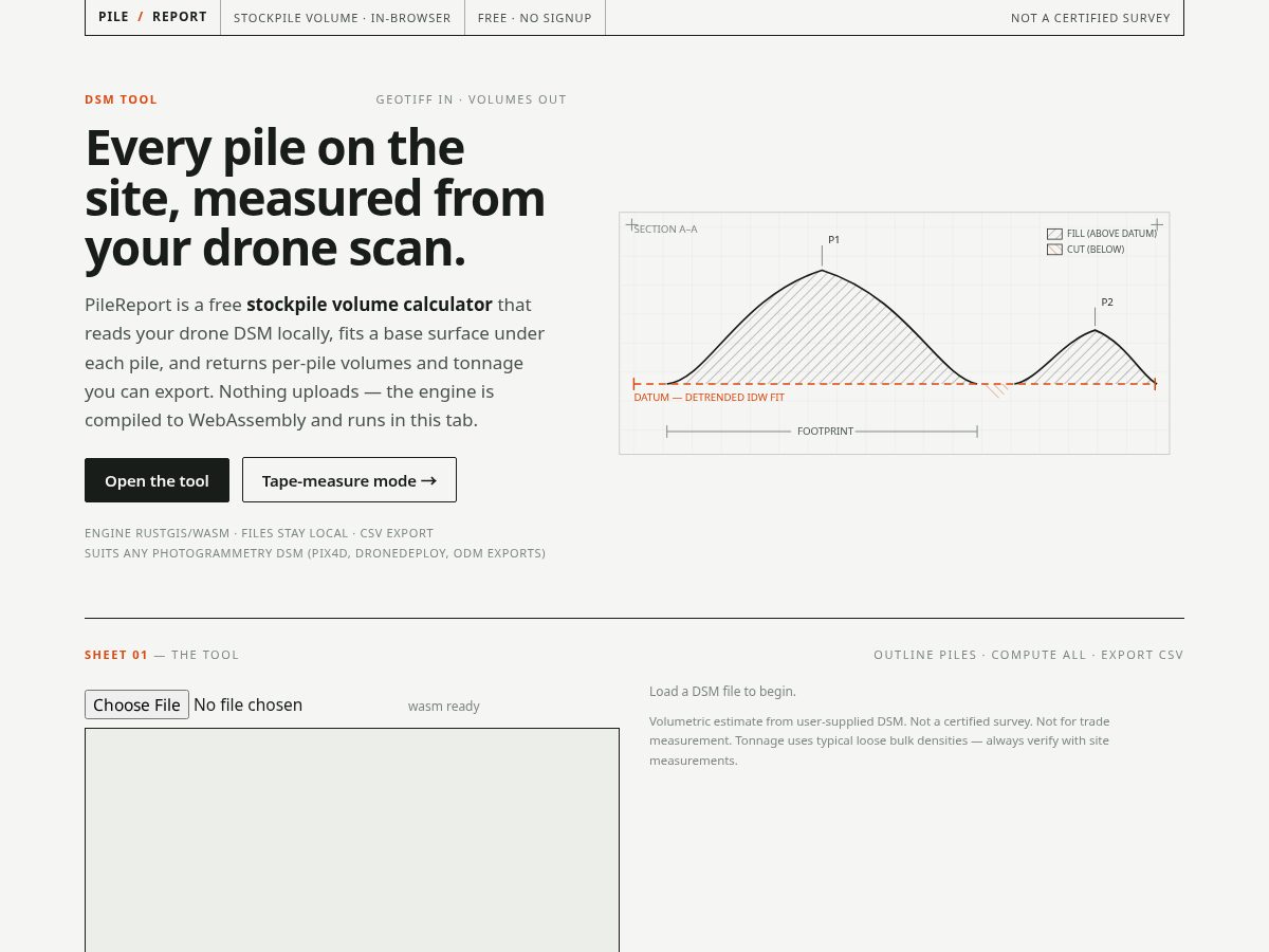 Landing-page snapshot of pilereport.com
