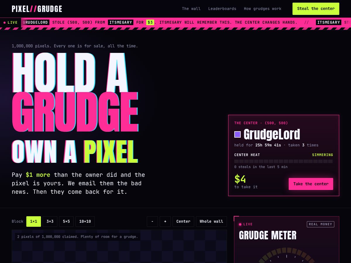 Landing-page snapshot of pixelgrudge.com