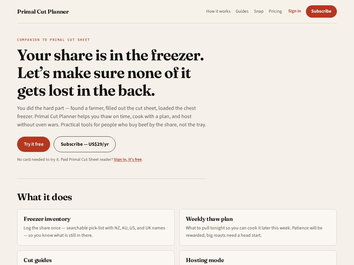Landing-page snapshot of primalcutplanner.com