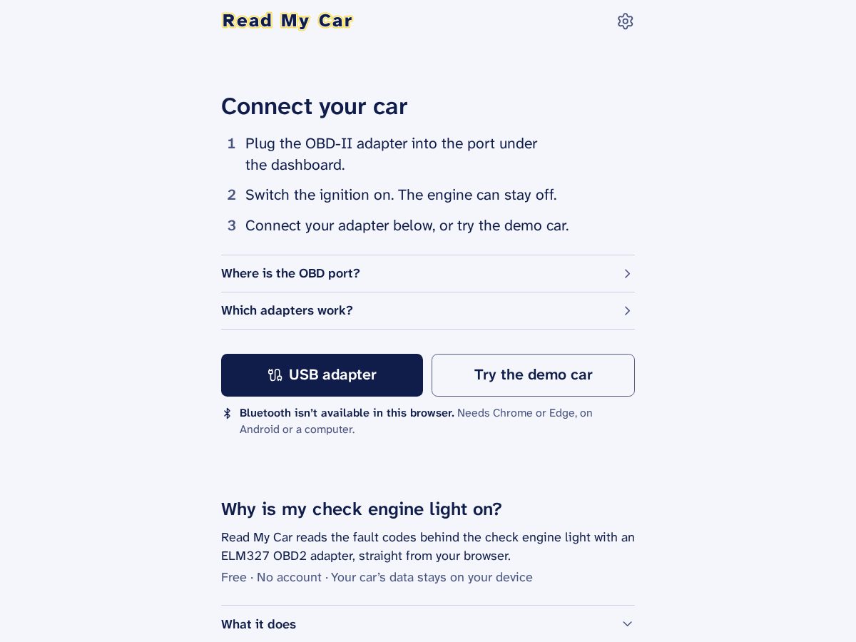 Landing-page snapshot of readmycar.com