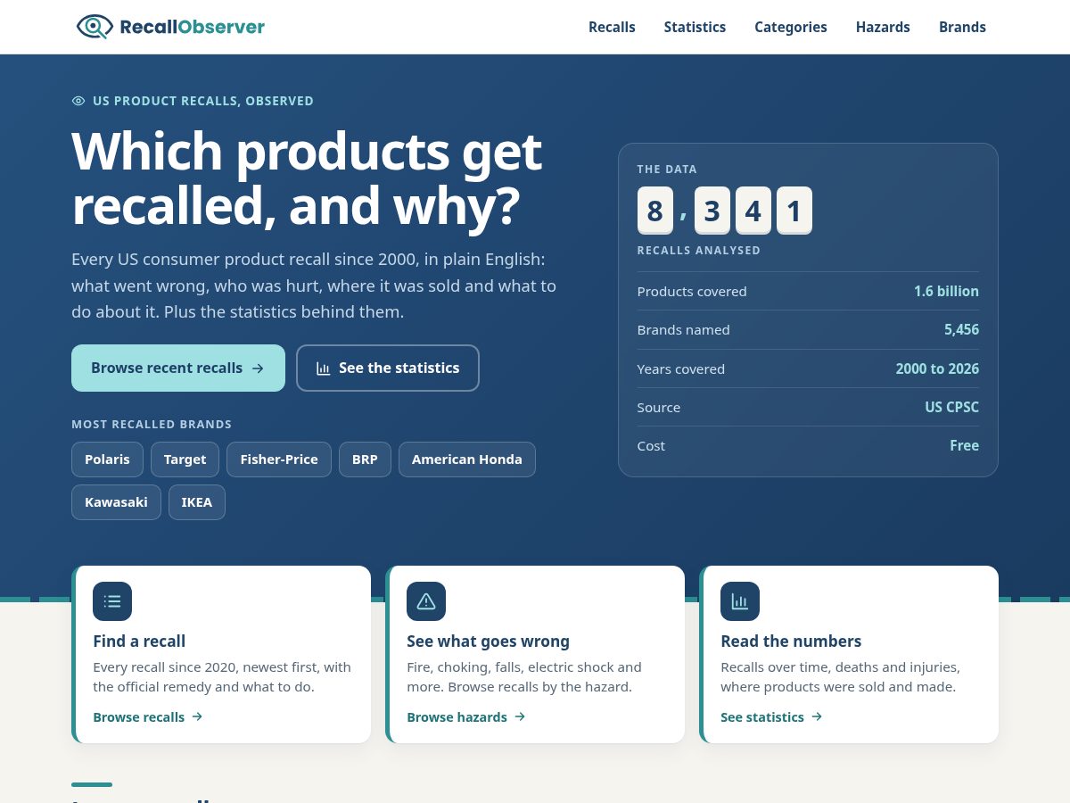 Landing-page snapshot of recallobserver.com