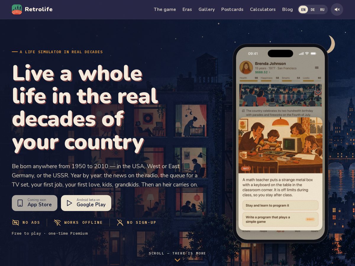 Landing-page snapshot of retrolife.games