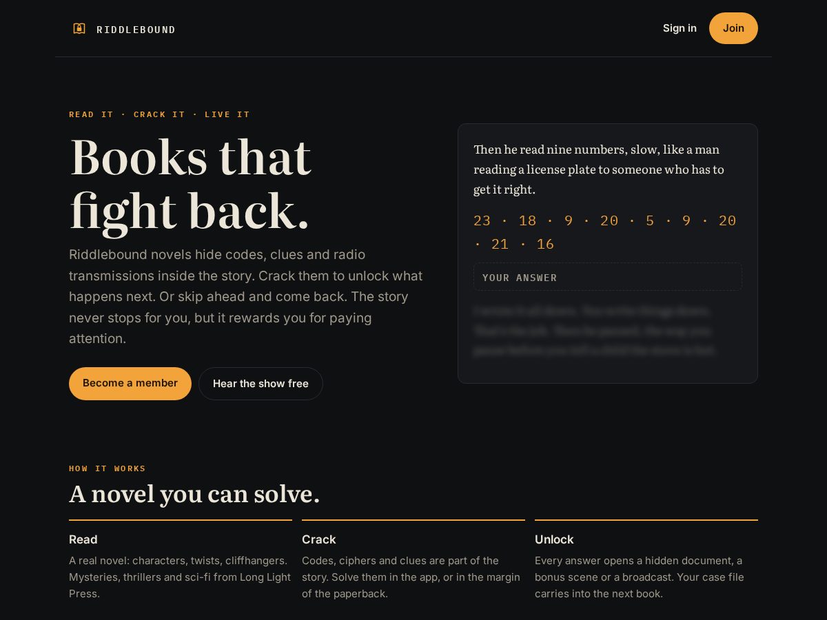 Landing-page snapshot of riddlebound.app