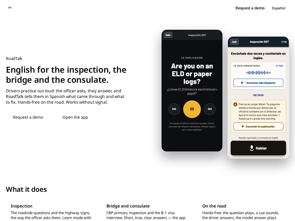 Landing-page snapshot of roadtalkapp.com