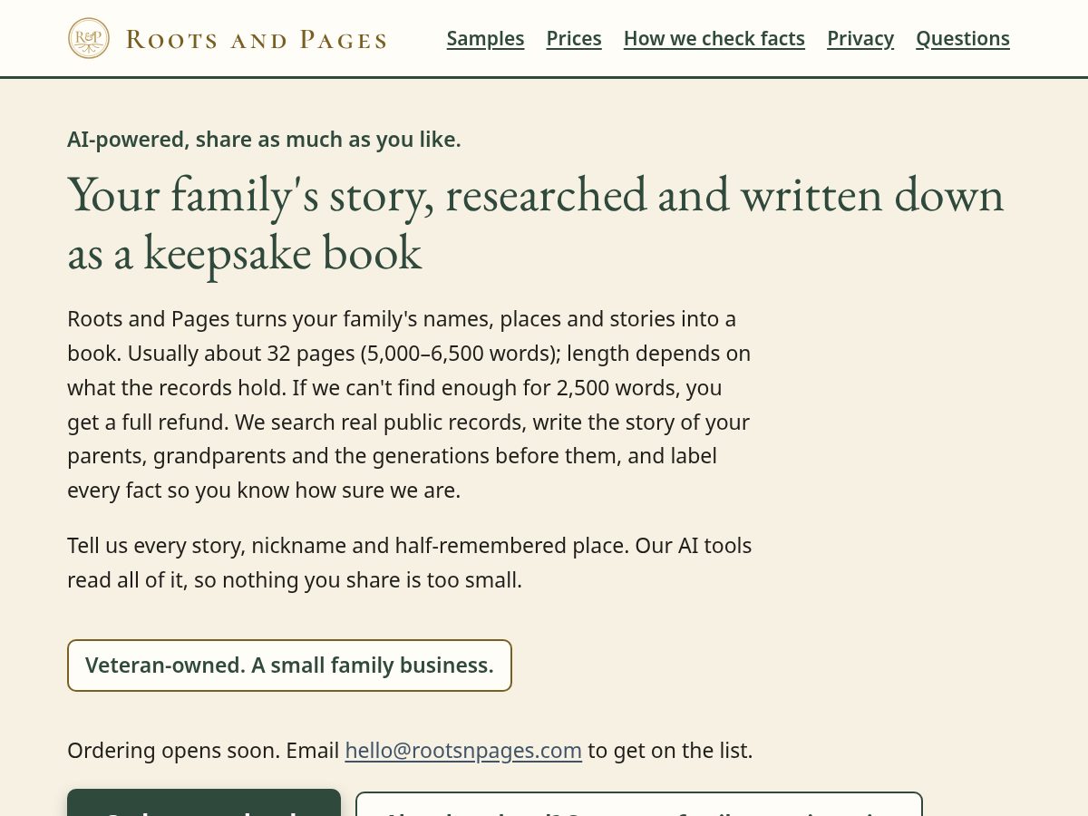 Landing-page snapshot of rootsnpages.com
