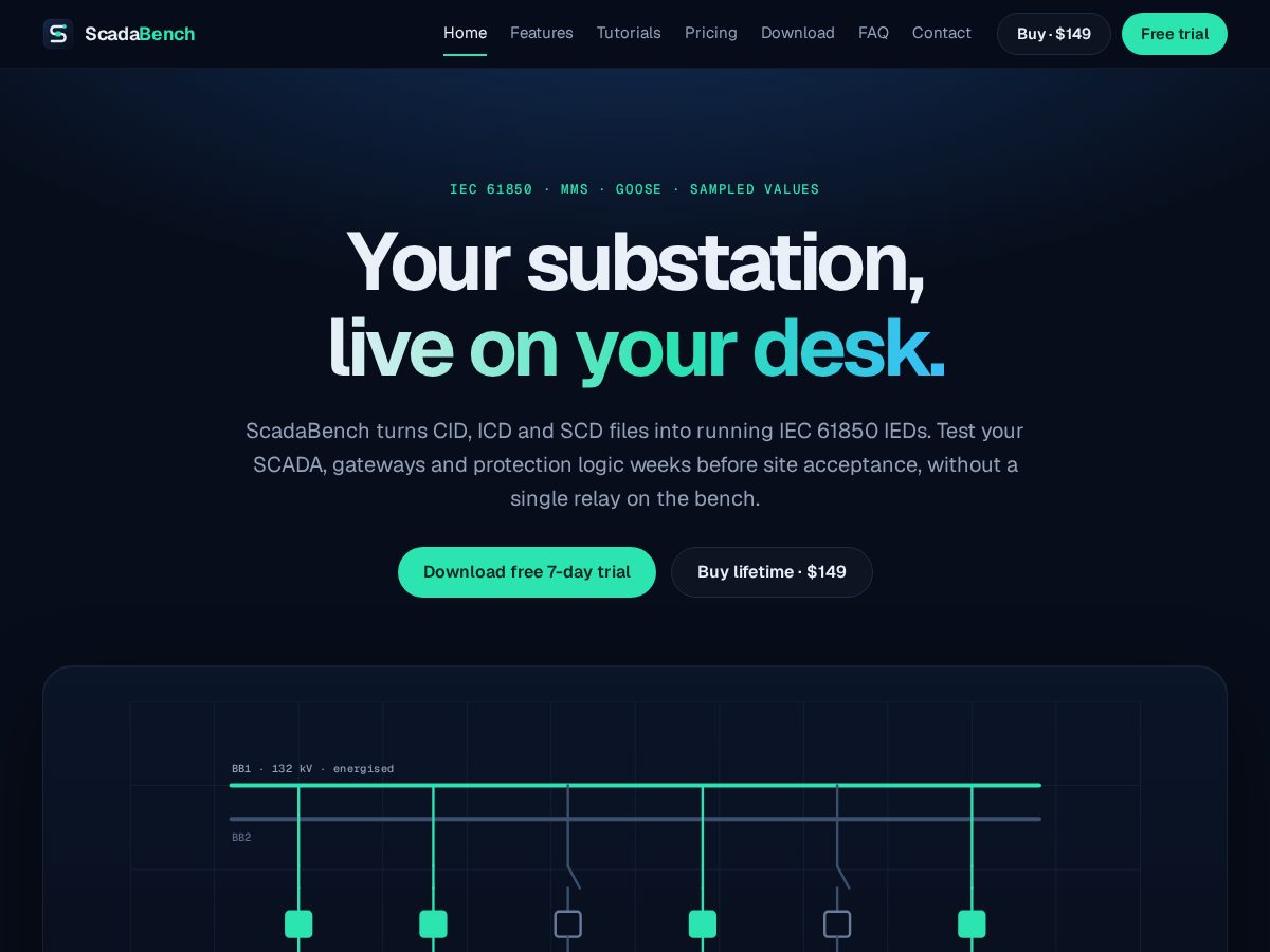 Landing-page snapshot of scadabench.com
