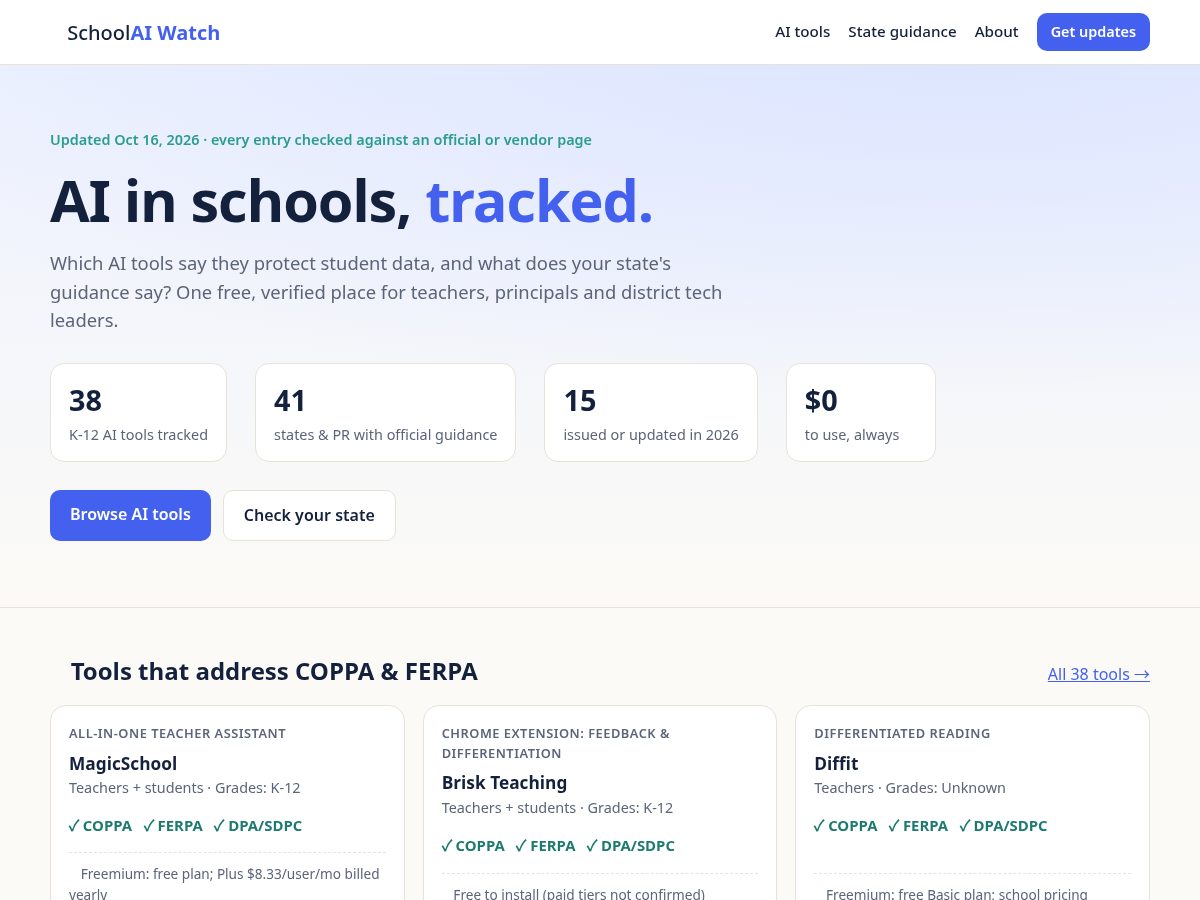 Landing-page snapshot of schoolaiwatch.com
