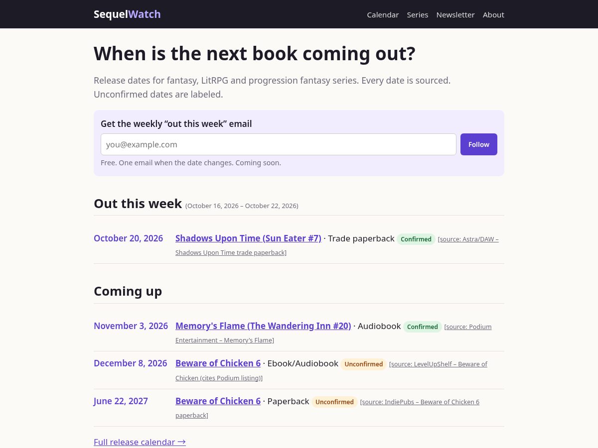 Landing-page snapshot of sequelwatch.com