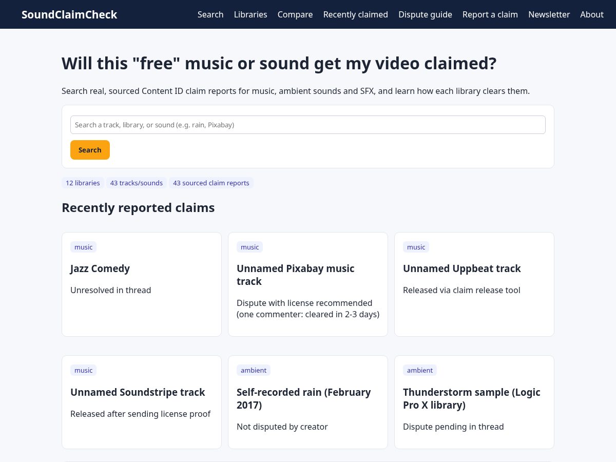 Landing-page snapshot of soundclaimcheck.com