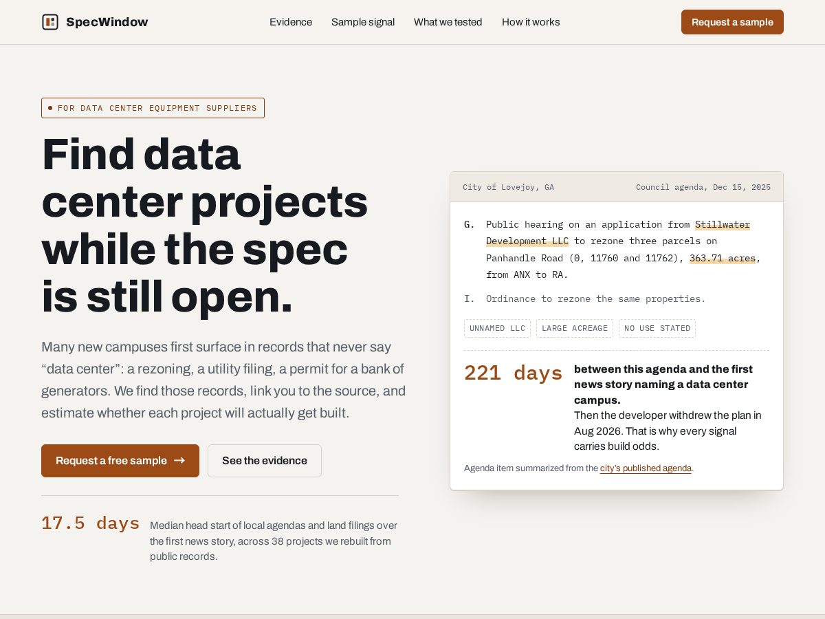 Landing-page snapshot of specwindow.com