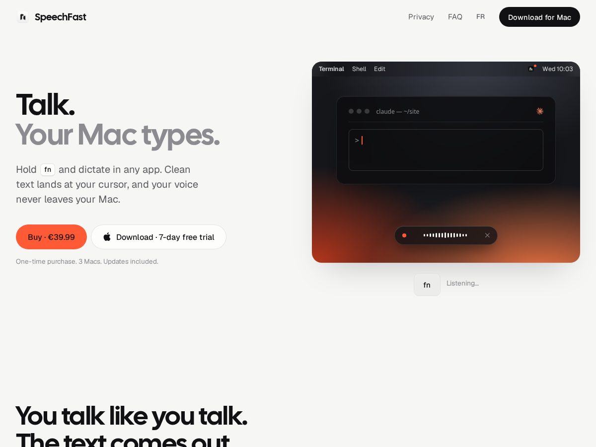 Landing-page snapshot of speechfast.com