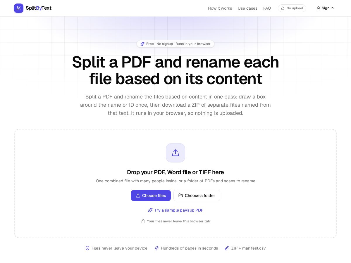 Landing-page snapshot of splitbytext.com