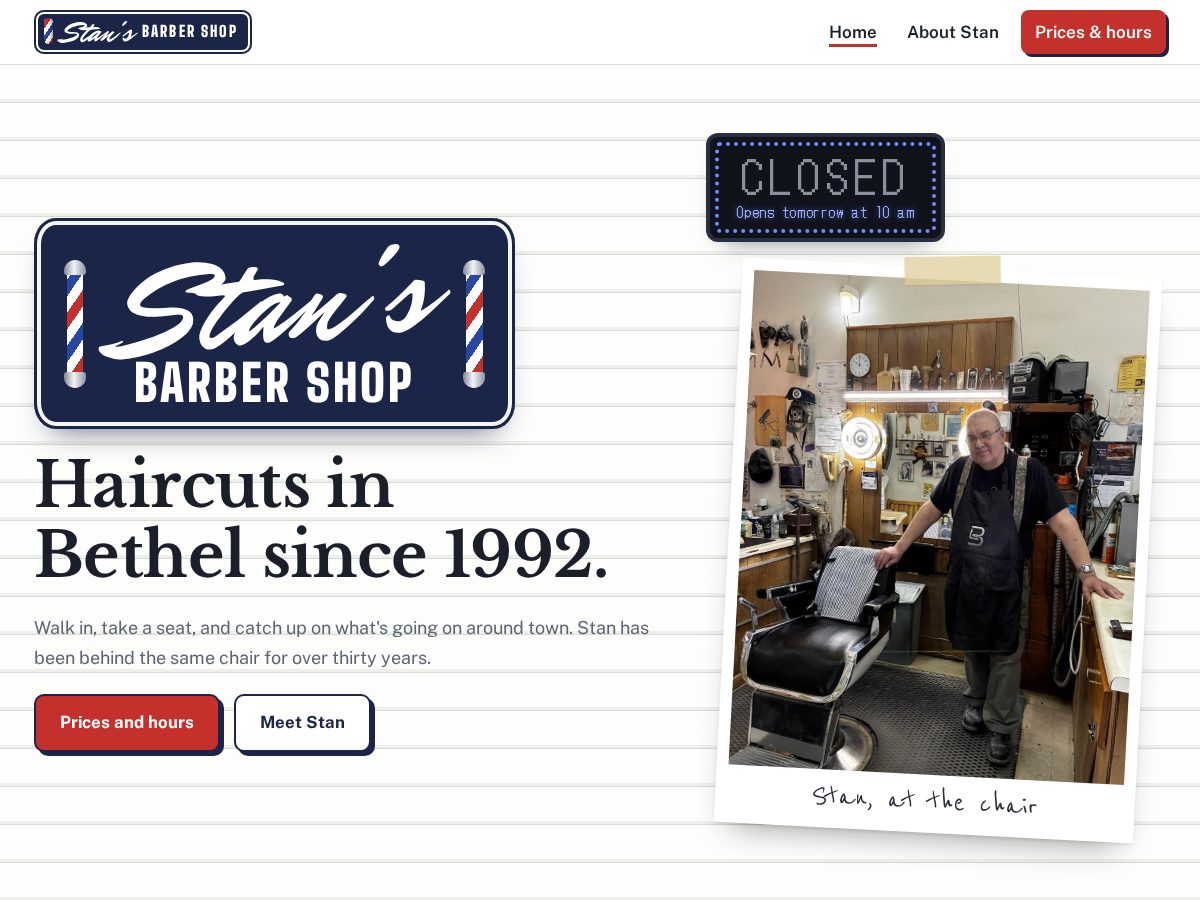 Landing-page snapshot of stansbarber.com