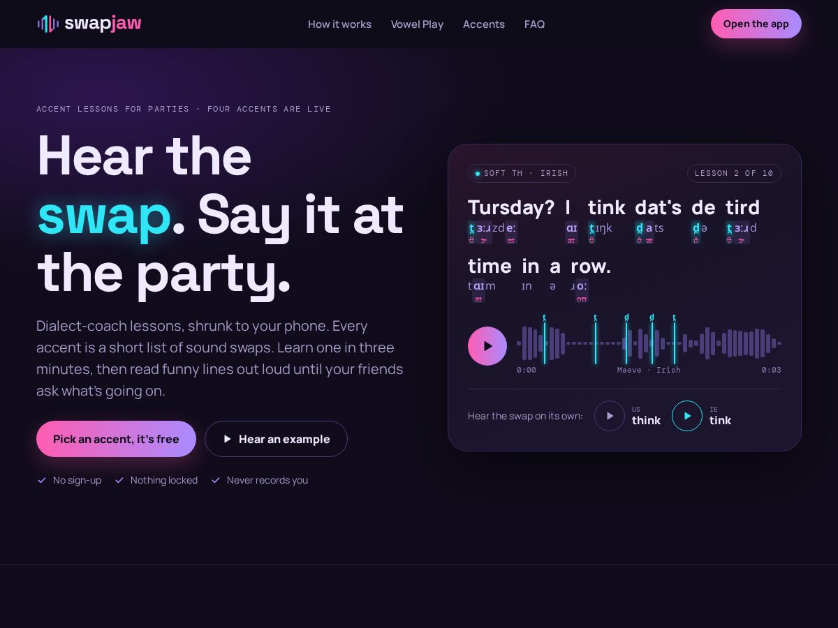 Landing-page snapshot of swapjaw.com