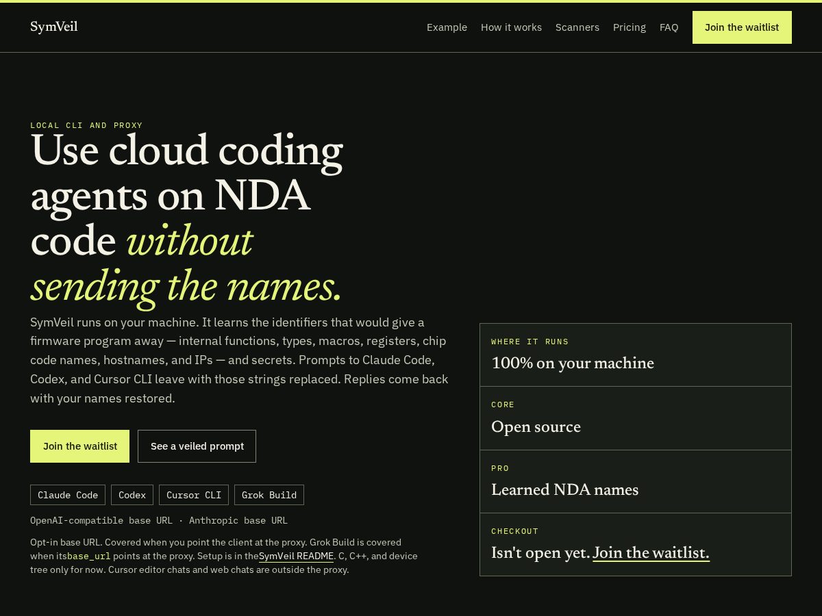 Landing-page snapshot of symveil.dev