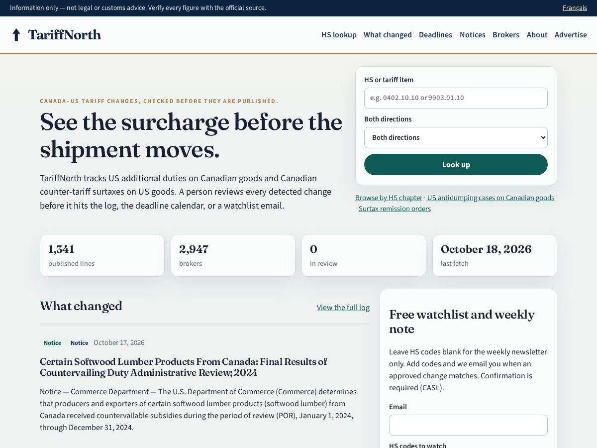Landing-page snapshot of tariffnorth.com