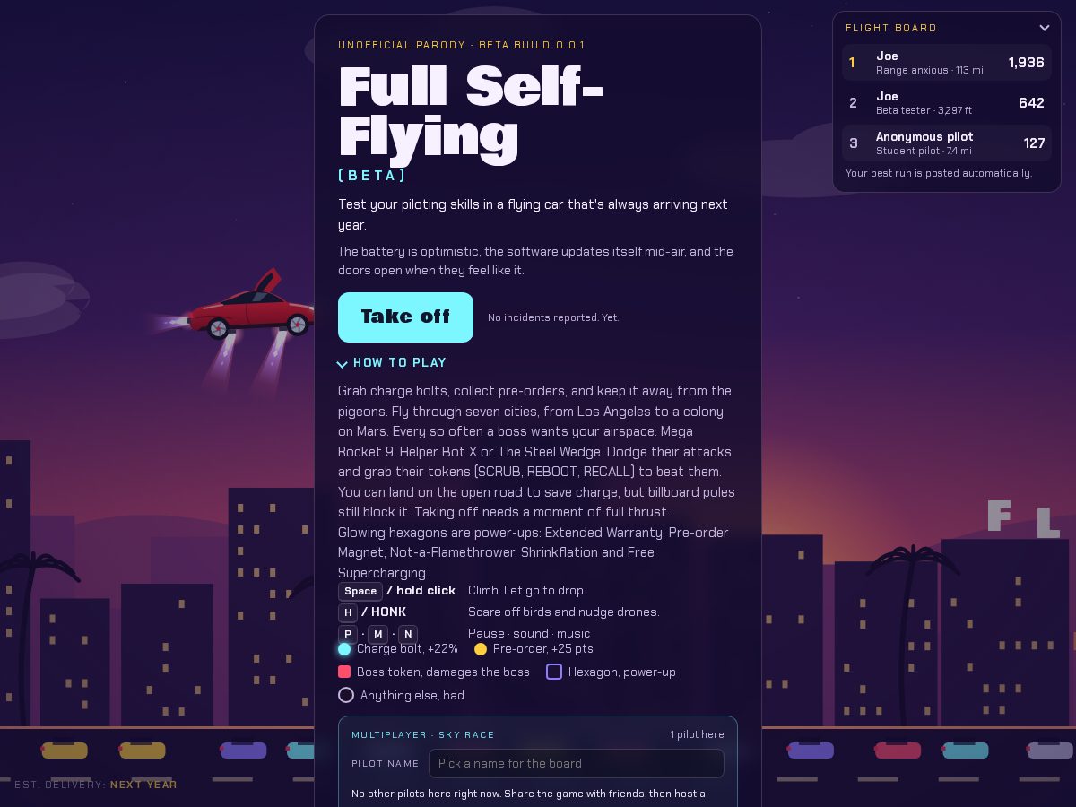 Landing-page snapshot of teslaflyingcar.games