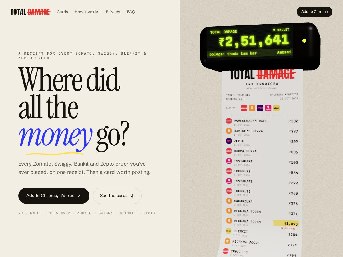 Landing-page snapshot of totaldamage.food