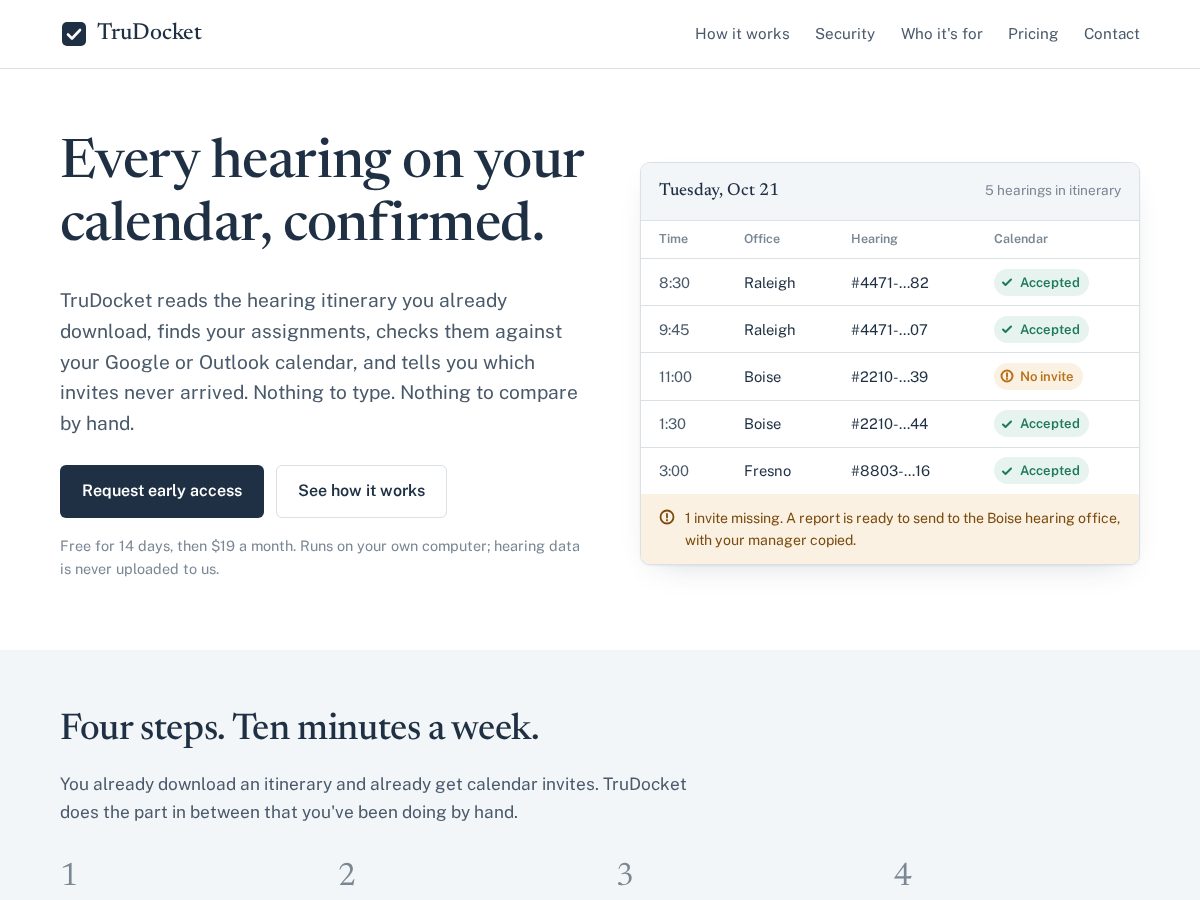 Landing-page snapshot of trudocket.app