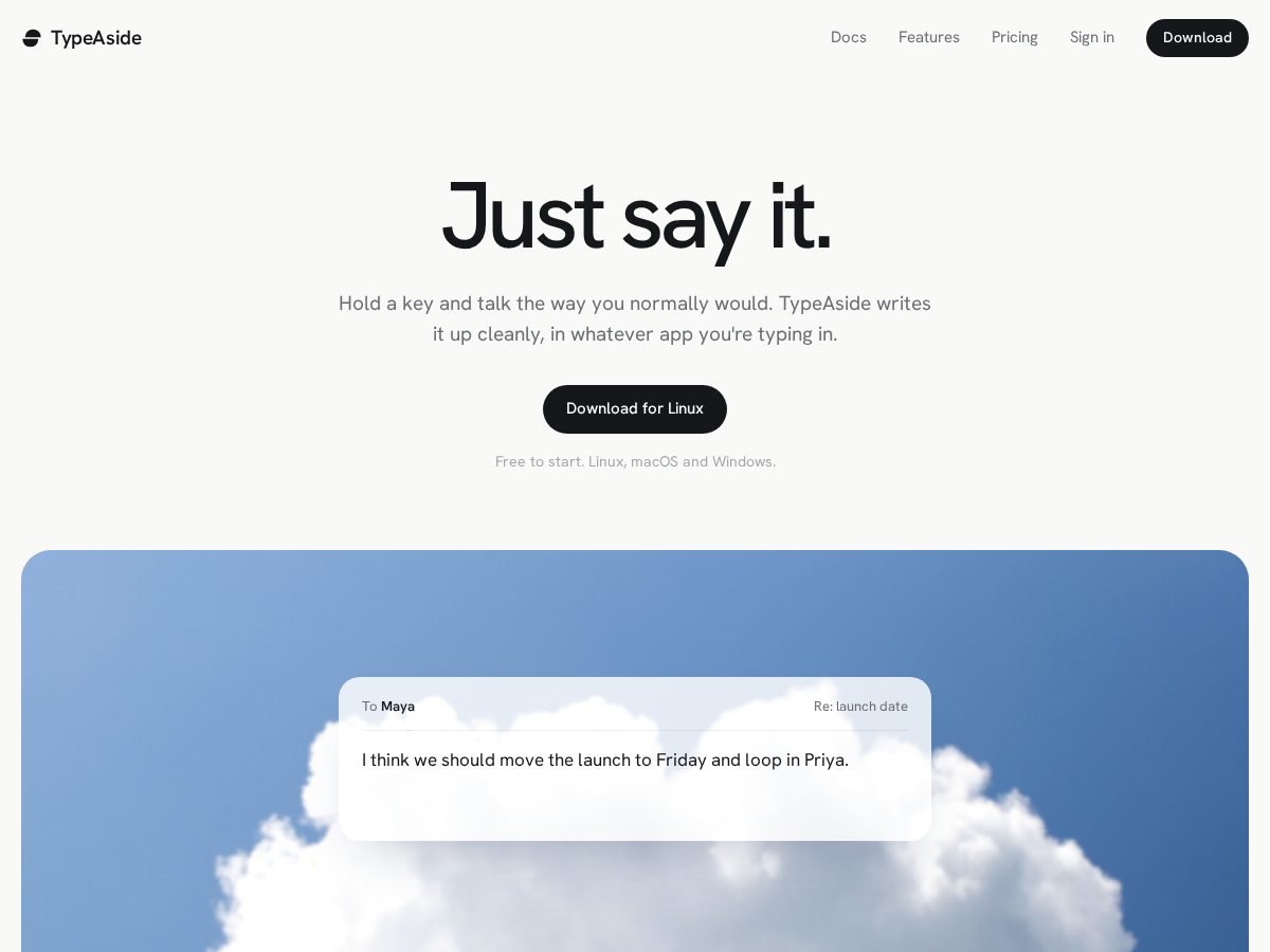 Landing-page snapshot of typeaside.app