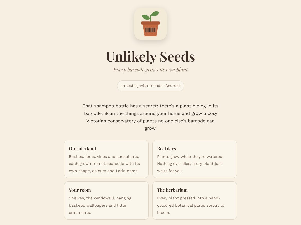Landing-page snapshot of unlikelyseeds.com