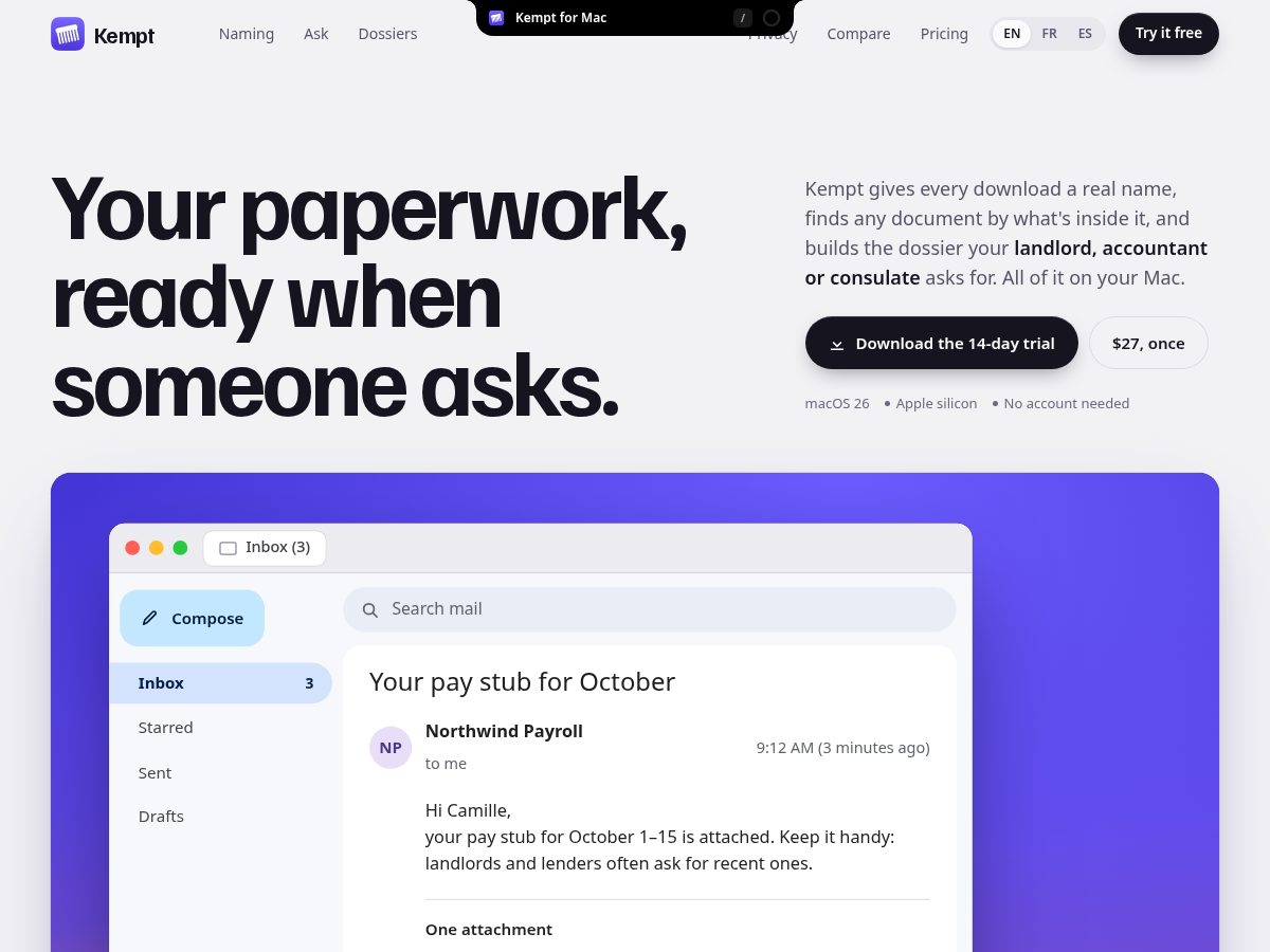 Landing-page snapshot of usekempt.app