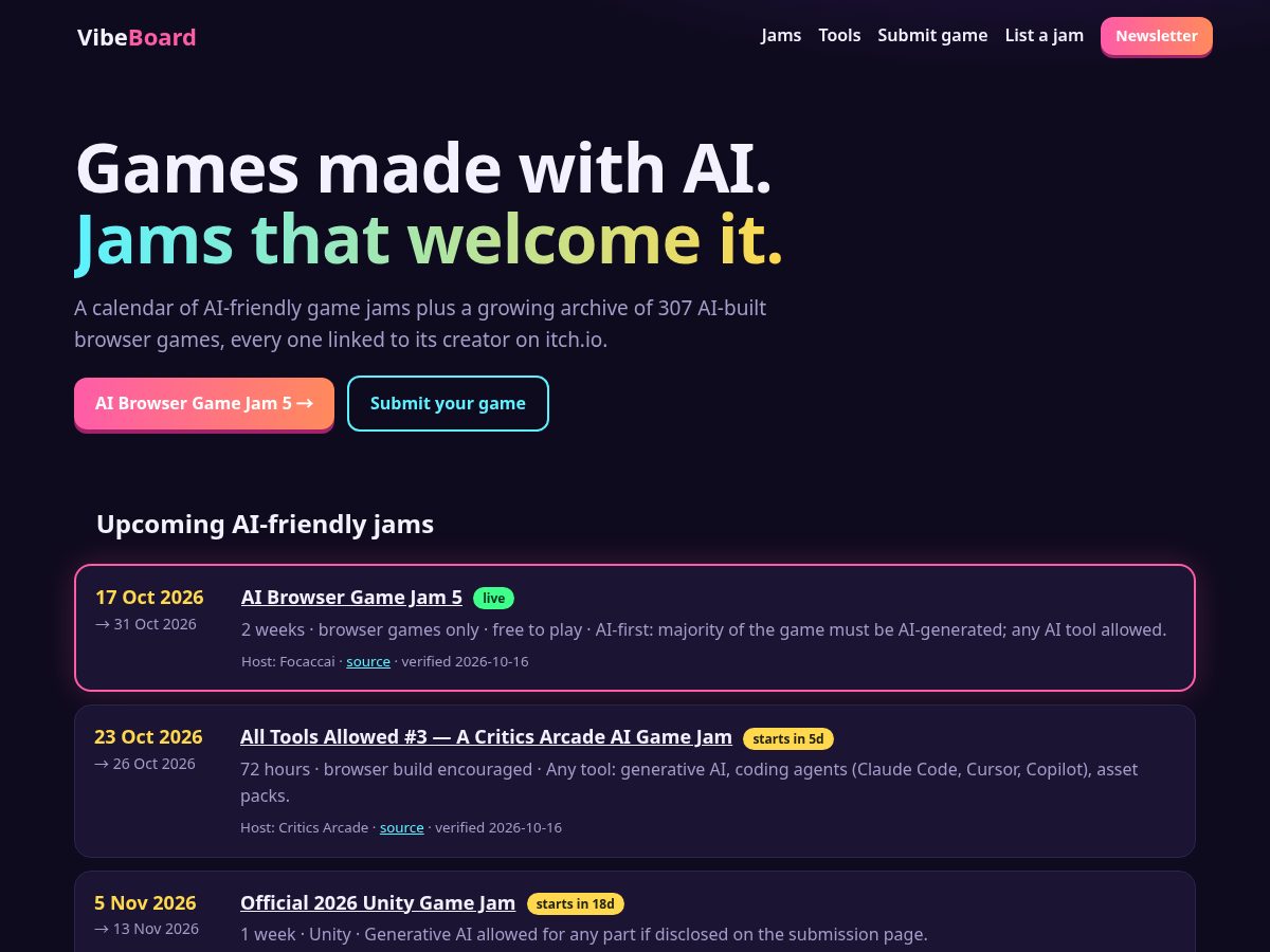 Landing-page snapshot of vibeboardgames.com