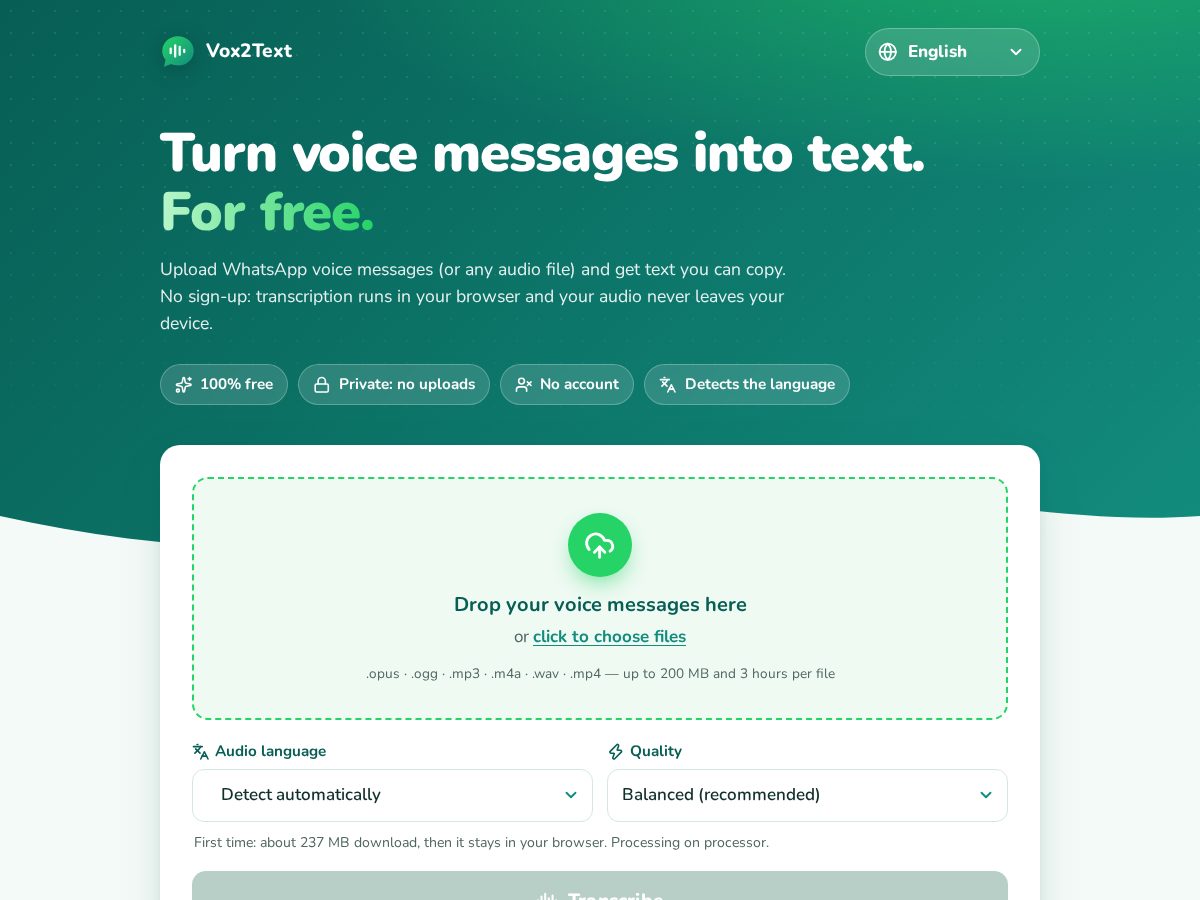 Landing-page snapshot of vox2text.app