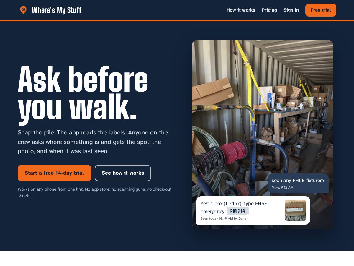 Landing-page snapshot of wheresmystuffapp.com