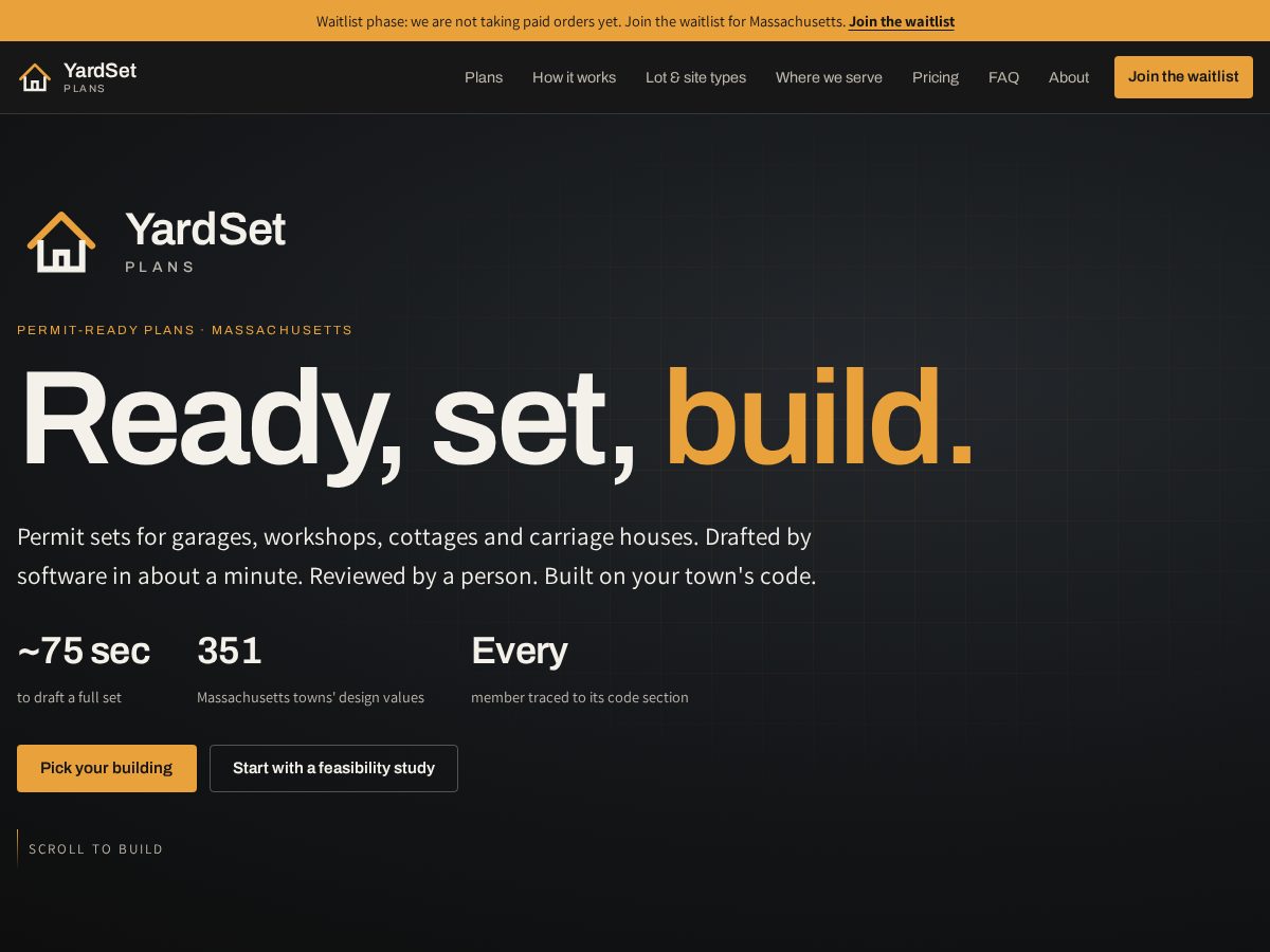 Landing-page snapshot of yardsetplans.com
