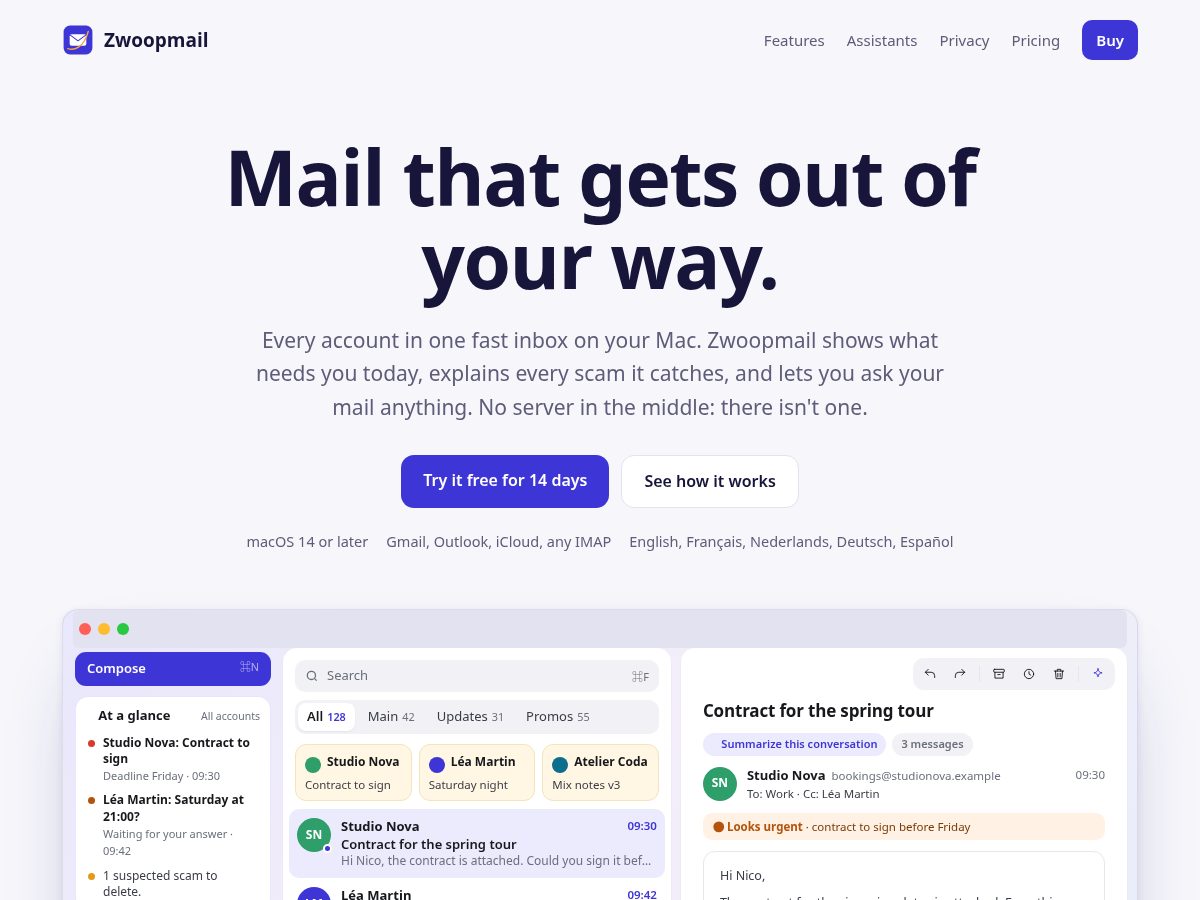 Landing-page snapshot of zwoopmail.app