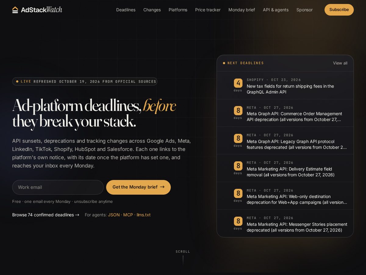 Landing-page snapshot of adstackwatch.com