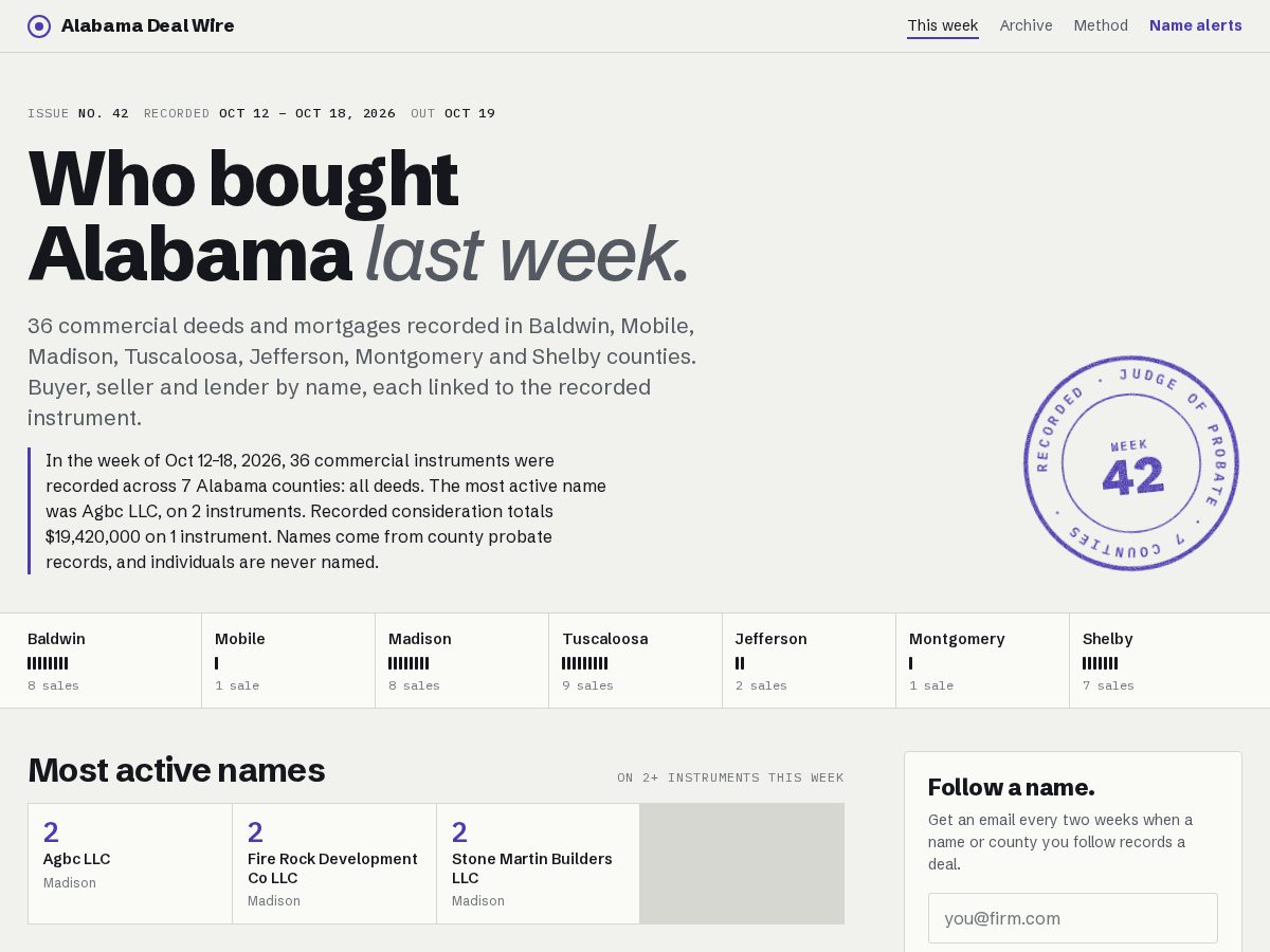 Landing-page snapshot of alabamadealwire.com