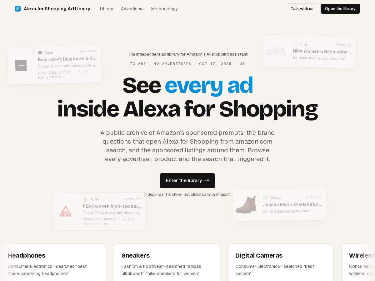 Landing-page snapshot of alexaforshoppingadlibrary.com