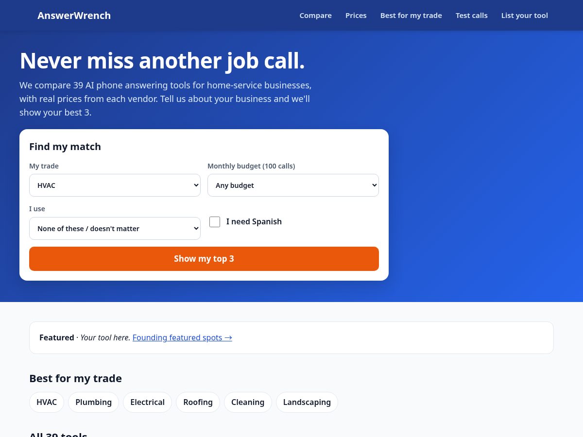 Landing-page snapshot of answerwrench.com