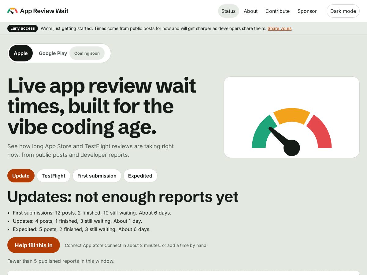 Landing-page snapshot of appreviewwait.com